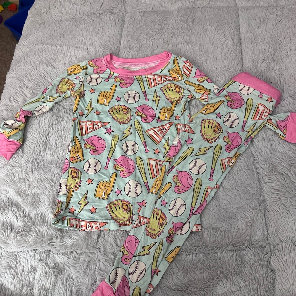 Little Sleepies Kids Pajamas with Sports Print - Pink and Green- Size 18-24 M